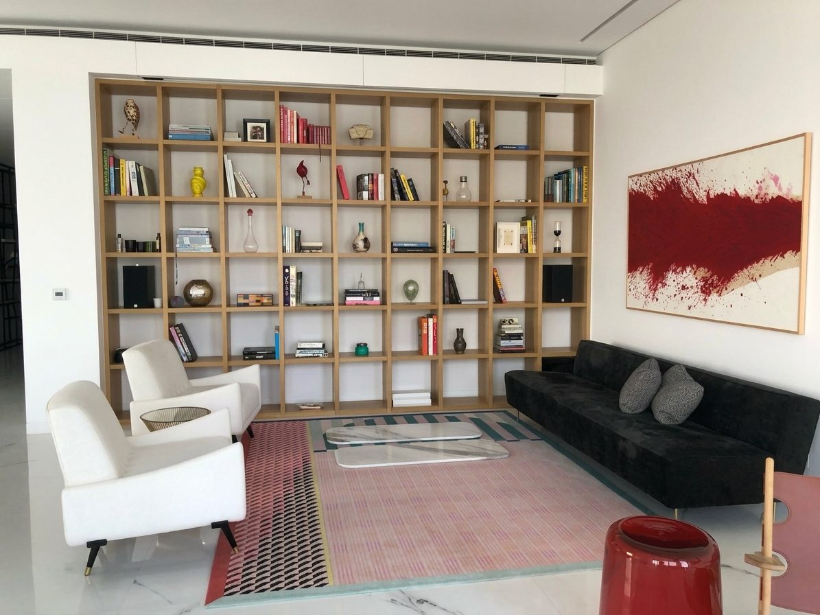 Living room with a full-height oak shelving wall