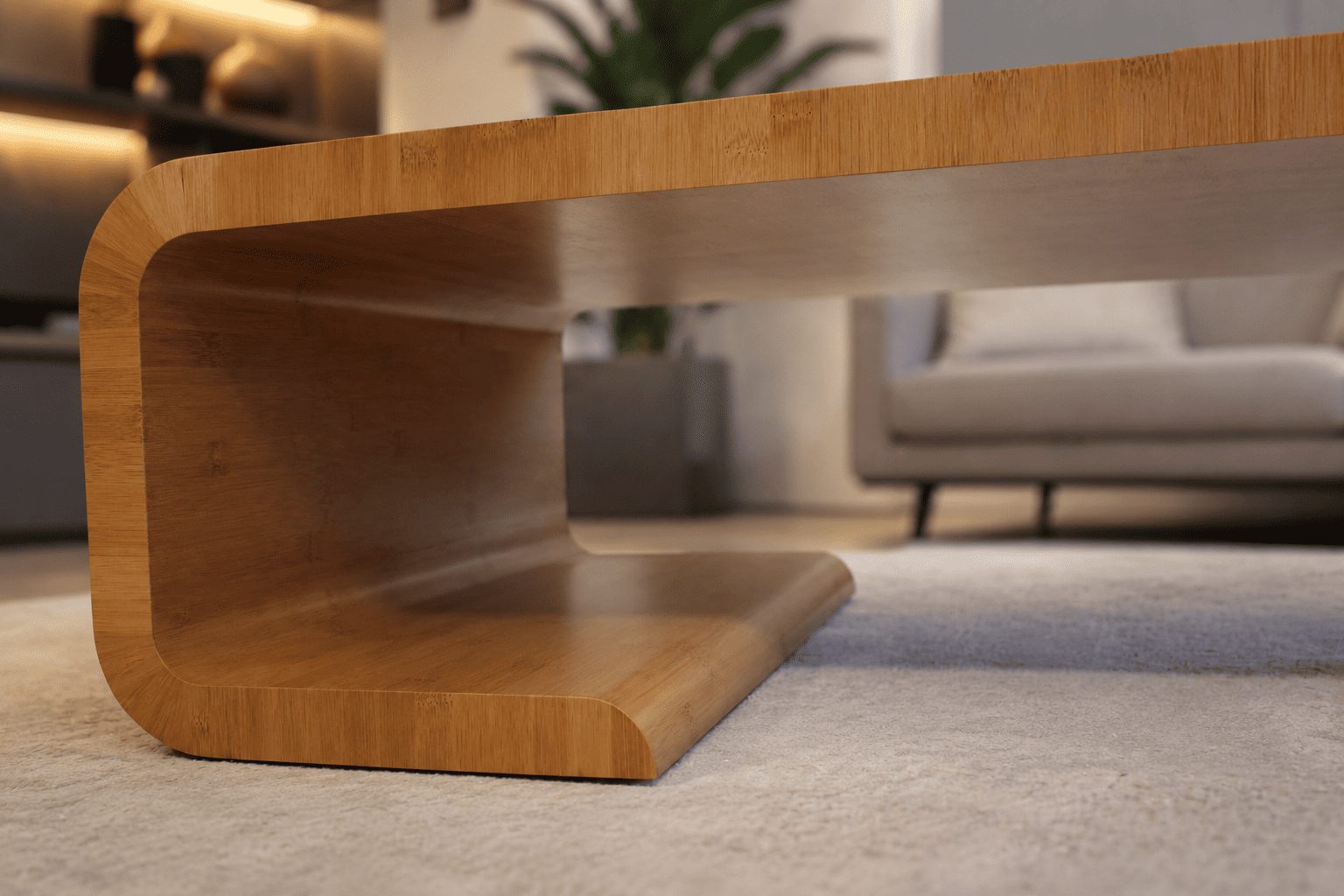 Close detail of a solid oak table with a curved edge