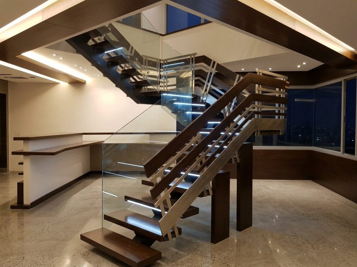 Mtayleb Residence: steel and timber staircase with a glass balustrade